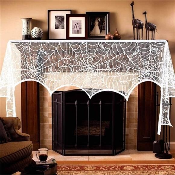 Halloween Decorations Indoor Fireplace Mantel Scarf, White Lace Spiderweb Fire - Picture 4 of 8